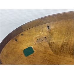 Late 19th/early 20th century mahogany and marquetry inlaid tray, of oval form with twin scrolled handles and moulded border, the central panel inlaid with figures seated at a table drinking tea, L99cm