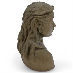 Modern composite bust of young woman, in the manner of Jacob Epstein, with metallic finish, signed Epstein beneath, H40cm