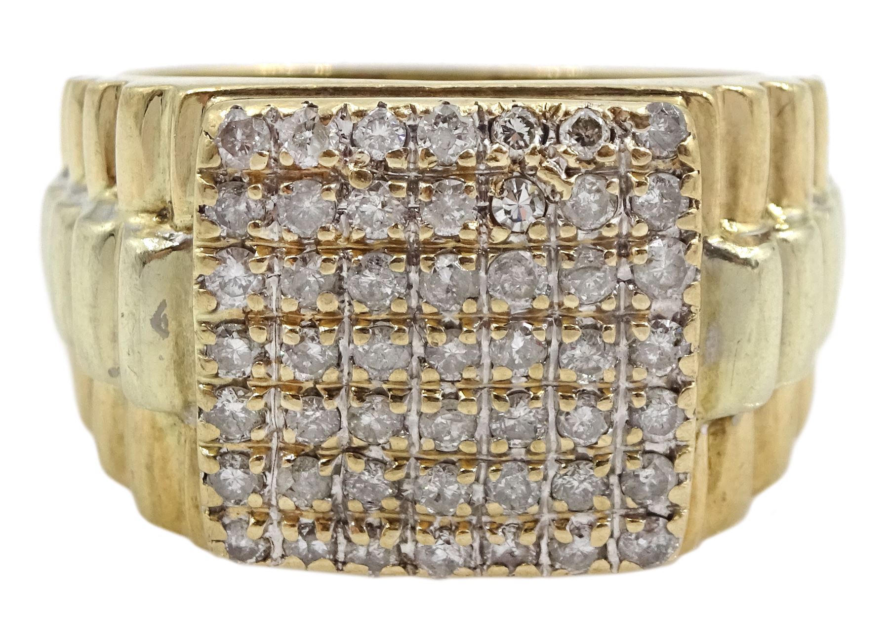 Gold gentleman's signet ring, seven rows of pave set round brilliant cut diamonds and two tone gold stepped shoulders, hallmarked 9ct, total diamond weight 1.02 carat