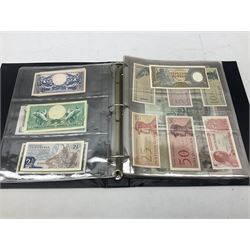 World banknotes, including Queen Elizabeth II The States of Jersey one pound 'DB202703', five pounds 'BB527762' and ten pounds 'AB651481', reserve bank of New Zealand two dollars '1L3 741894', King George V Straits Settlements one dollar 1st January 1935 'F/83 28924', various Bank of England notes etc, housed in two ring binder albums