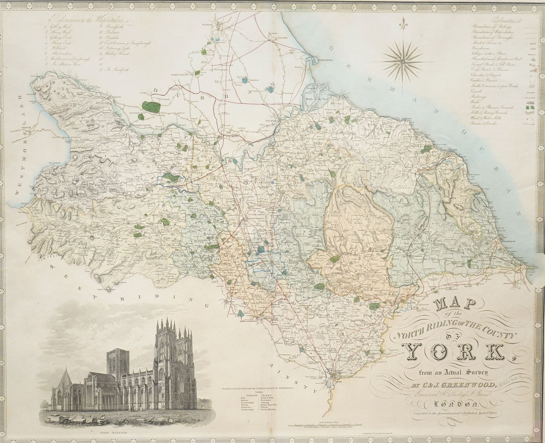 Christopher Greenwood (British 1786-1855) and John Greenwood (British 1791-1867): 'Map of the North Riding of the County of York', 19th century engraved map with hand-colouring pub. 1834, 61cm x 76cm