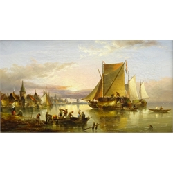  Henry Redmore (British 1820-1887): Dutch Hay Barges off the Coast at Sunset, oil on canvas signed and dated 1872, 24cm x 44cm  