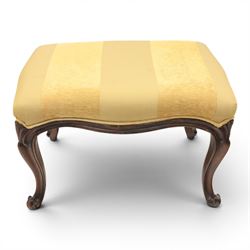 Victorian mahogany Cayley style footstool, serpentine upholstered seat raised on cabriole supports terminating in scroll feet