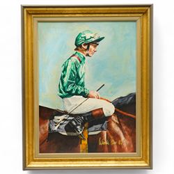 Patrick Haw (British 20th century): Jockey's - 'Pat Eddery' 'Joe Mercer' 'Walter Swinburn' and 'Steve Cauthen', set four acrylic on canvas signed and dated '86, 39cm x 29cm (4)