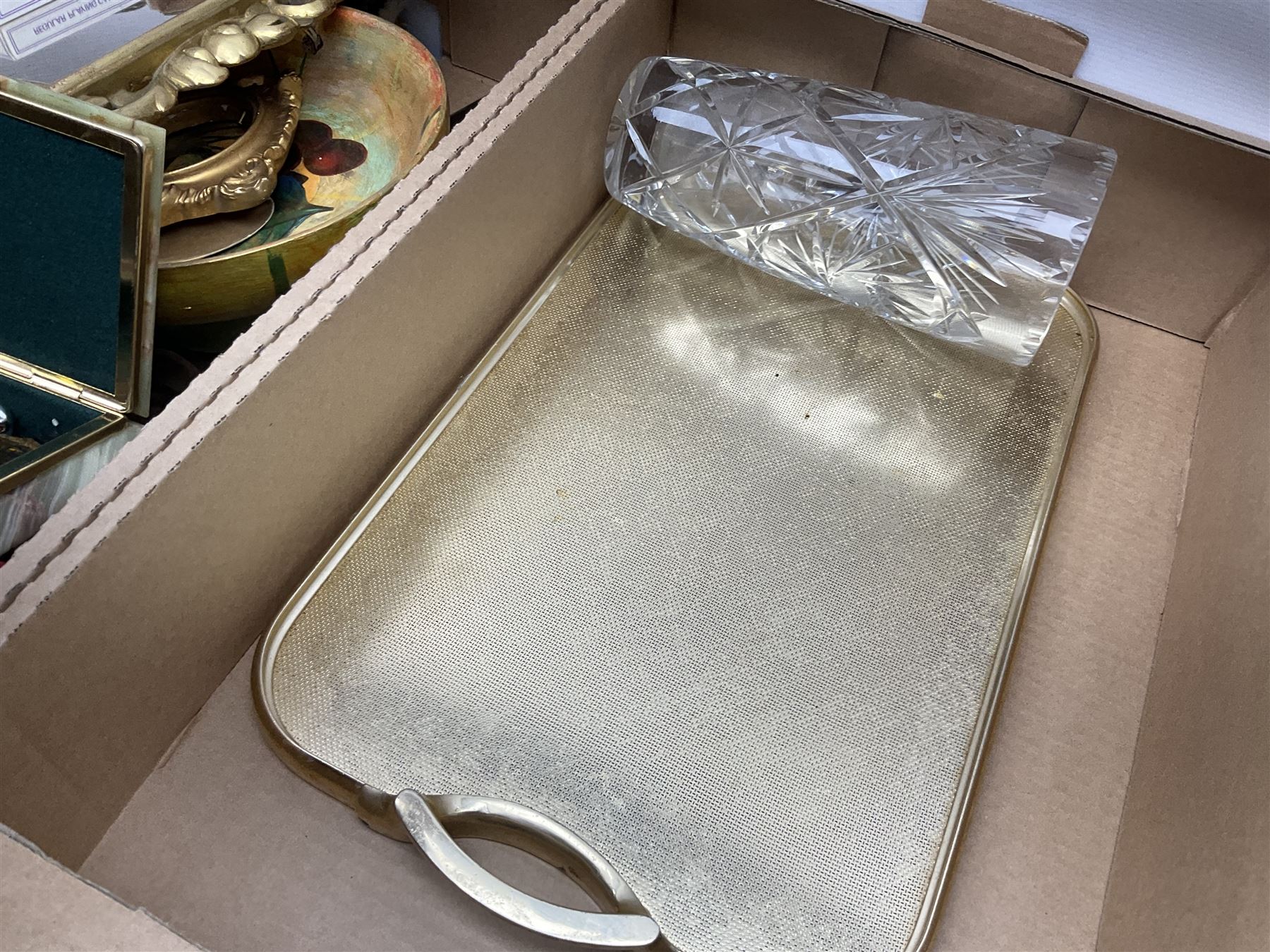 Onyx box with claw feet, together with gilt framed mirror, cut glass vase and other collectables, in three boxes 