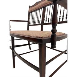 Edwardian inlaid mahogany salon sofa, upholstered seat and back rail