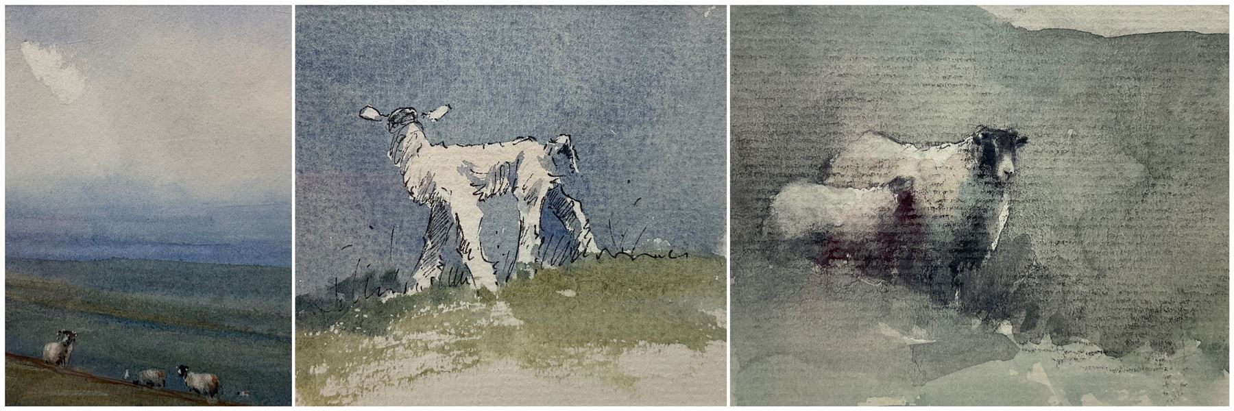 Brian Irving (British 1931-2013): Sheep in Pasture Landscape, set three watercolours framed as one unsigned max 12cm x 8cm