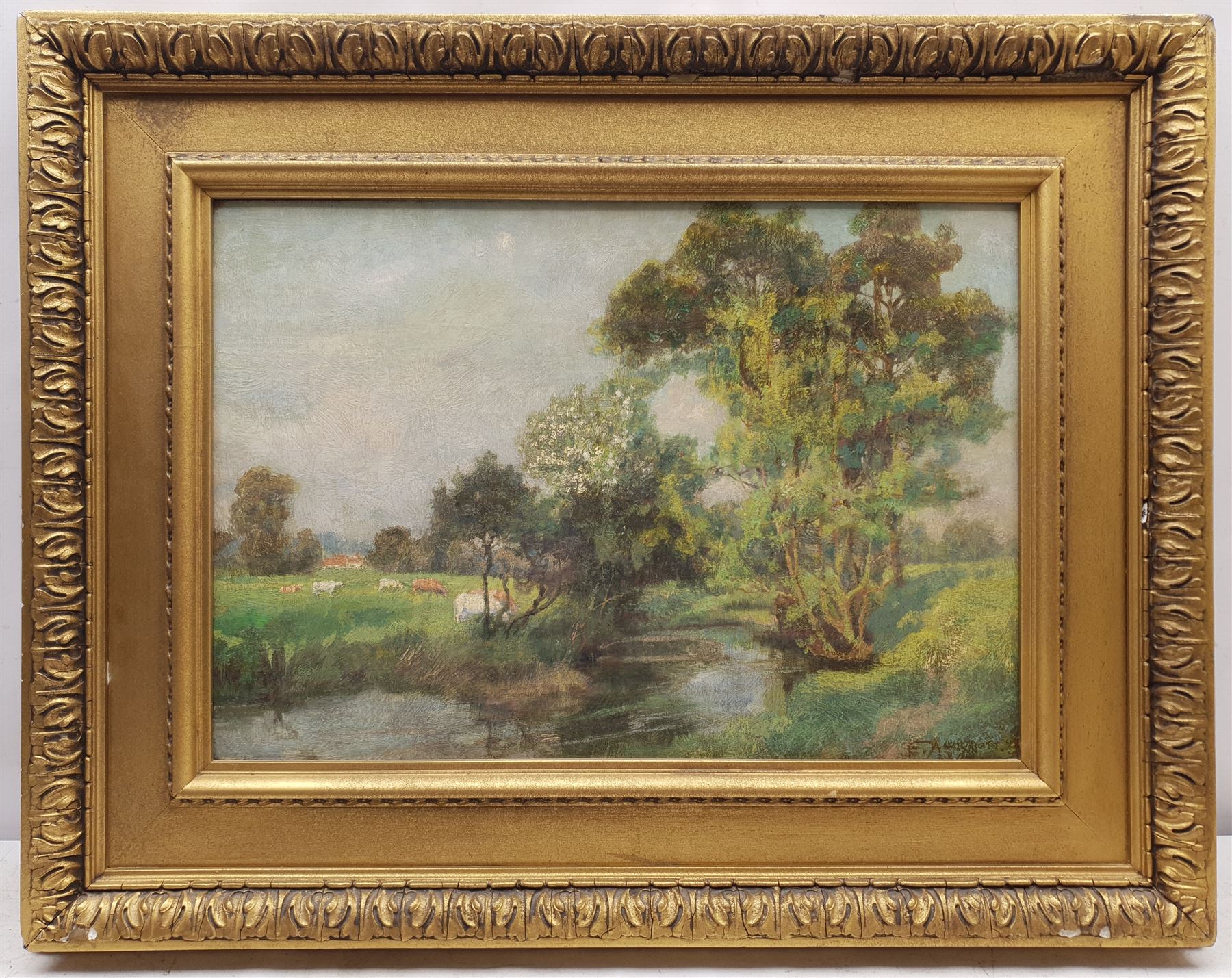 Frederick Marriott (British 1860-1941): 'La Riviere Dordogne' - Cattle Watering, oil on canvas signed, titled on stretcher verso 35cm x 49cm