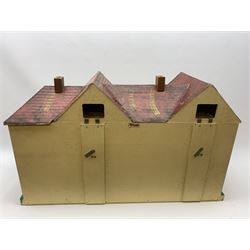 1950s Tri-ang large wooden doll's house of double fronted Tudor style with painted faux stucco walls, simulated tiled pitched roof and opening tin-plate windows, the double hinged front opening to reveal four rooms on two floors with staircase and landing and integral garage, wired for electric lighting L86cm D31cm H50cm; together with large quantity of well-made wooden furniture for lounge, dining room, kitchen, bedrooms and bathroom (bath labelled Dol-Toi), three dolls, household accessories and plastic table wares etc