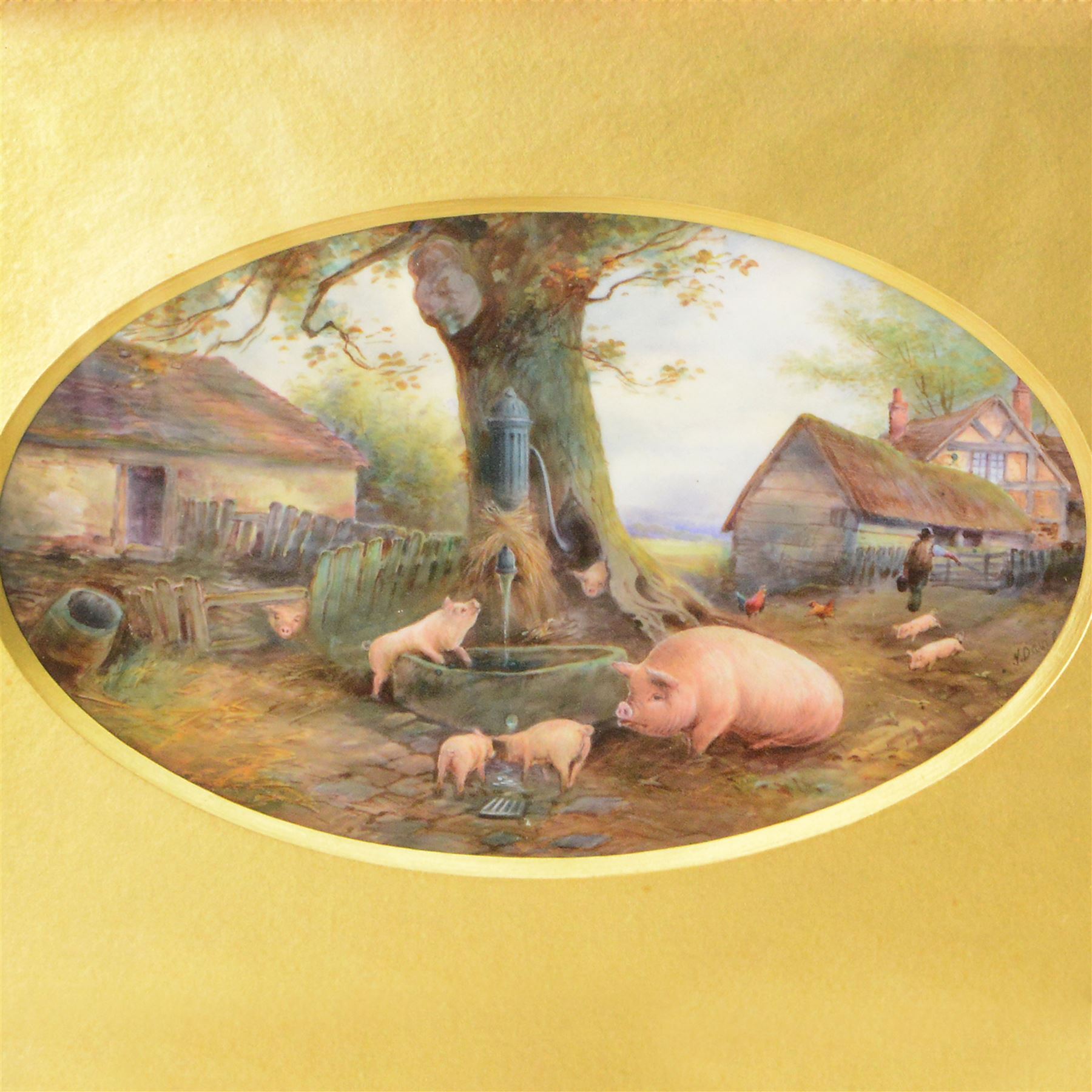 Turn of the century Royal Worcester oval plaque, hand painted by Harry Davis, depicting a farmyard scene with pigs and piglets watering at a stone trough, with farm and buildings in the background, signed H Davis, with puce printed mark verso, date code for 1900, plaque 14.5cm x 23cm, overall 30cm x 38.5cm

Note: Pigs are a rare subject to see on Royal Worcester. Harry Davis was the only artist approved to paint them.
Most known examples show the same composition, based upon a sketch done by the artist during a single visit to a local farm.
