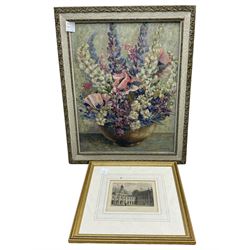 Emma D Monge (Hull 20th Century): 'June' Flowers, oil on board signed, titled on label verso together with a print of Emmanuel College 1842, max 47cm x 37cm (2)