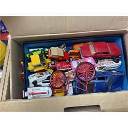 Selcol Beatles New Sound toy guitar, Triang baby walker, Mamod steam engine, wooden Noahs Ark toy, quantity of diecast cars and plastic soldiers and a collection of other toys and board games, in five boxes