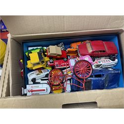Selcol Beatles New Sound toy guitar, Triang baby walker, Mamod steam engine, wooden Noahs Ark toy, quantity of diecast cars and plastic soldiers and a collection of other toys and board games, in five boxes