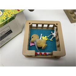 1980s Epoch Sylvanian Families - Country Kitchen Utensil Set and Playpen with Mobile; both boxed; together with assorted loose furniture, playground equipment, grocery shop stock etc; Penny's Pony Club Set in folding stable box; and boxed Bouncin' Babies Nursey Playset