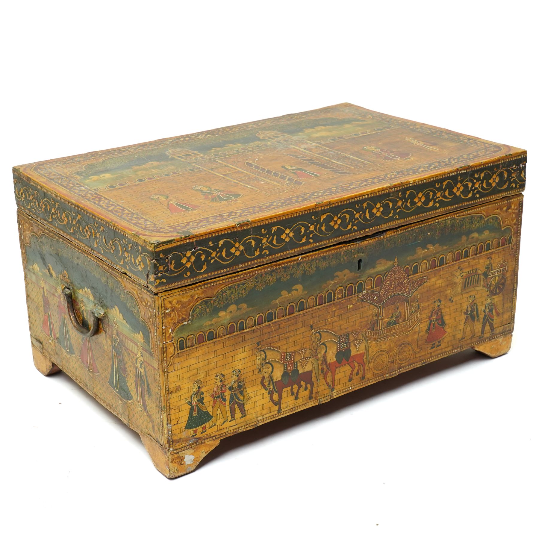 Indian box, painted with figures outside a palace gate, and with various animals 