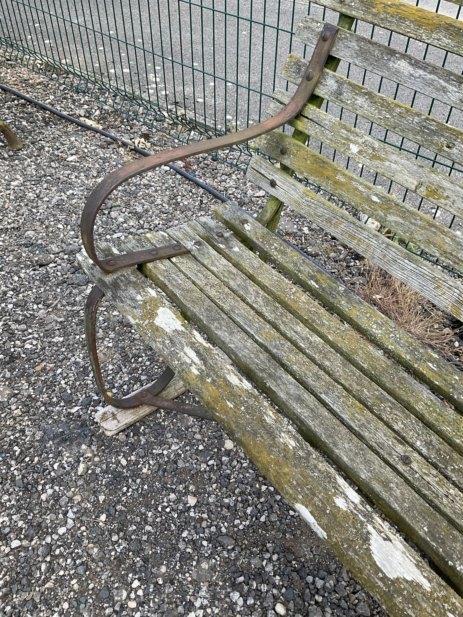 Late 19th century wrought iron and wood slatted four seater double garden bench - THIS LOT IS TO BE COLLECTED BY APPOINTMENT FROM DUGGLEBY STORAGE, GREAT HILL, EASTFIELD, SCARBOROUGH, YO11 3TX