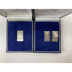 Quantity of silver comprising two 2012 Diamond Jubilee silver commemorative plaques stamped 999, hallmarked Birmingham 2012 with Jubilee stamp, together with a Prince William and Catherine Middleton silver bar stamped 999, Refine Met Fine Silver 999 bar and Atam Vallabh AVI Industries bar stamped fine 999, all tested, total weight approx 45.5g
