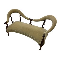 Mid-19th century rosewood framed settee, double spoon open back, carved detail, upholstered seat and back rail, on castors