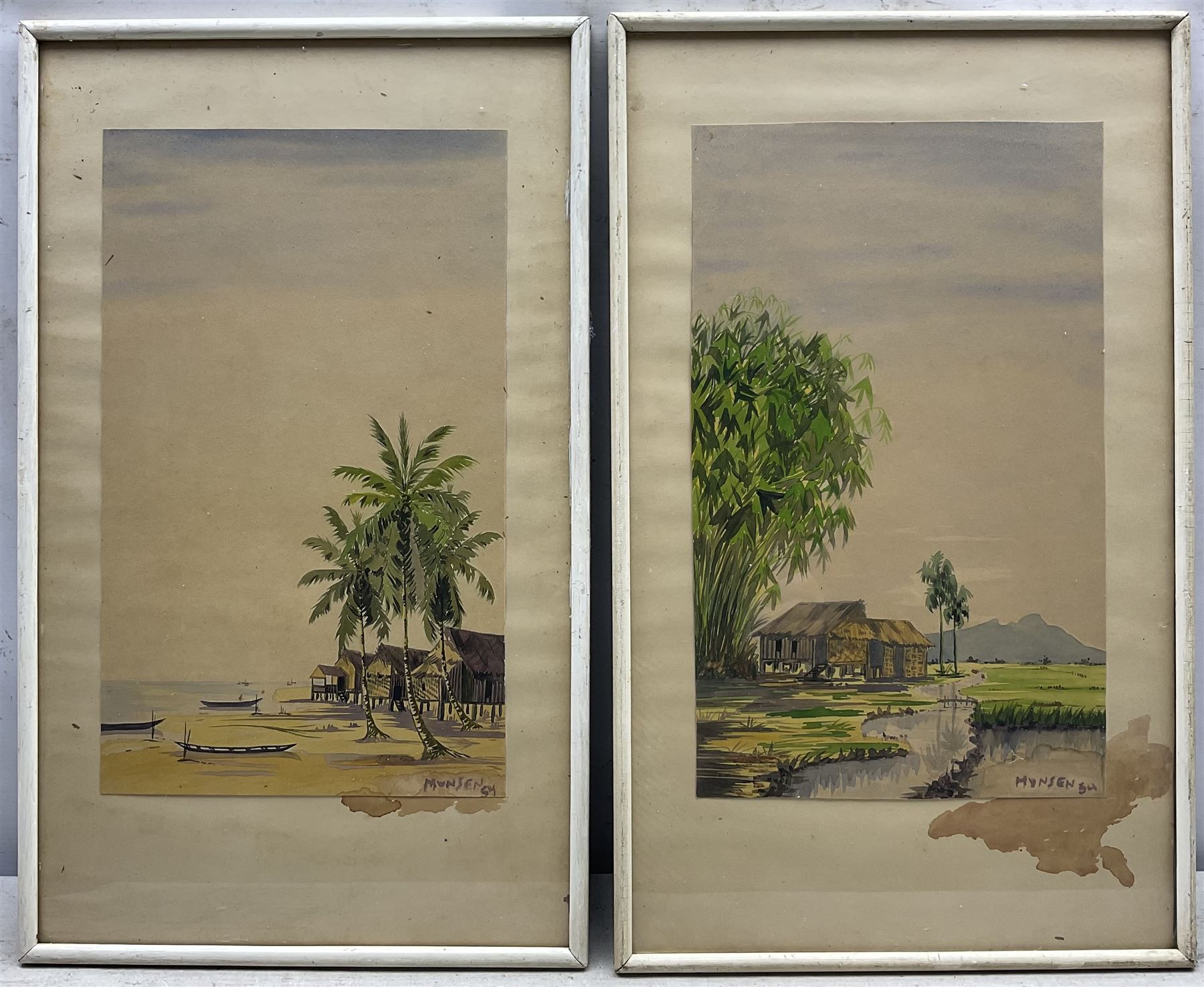Yong Mun Sen (Malaysian 1896-1962): Coast and River Landscapes, pair watercolours signed and dated '54, 37cm x 22cm (2)