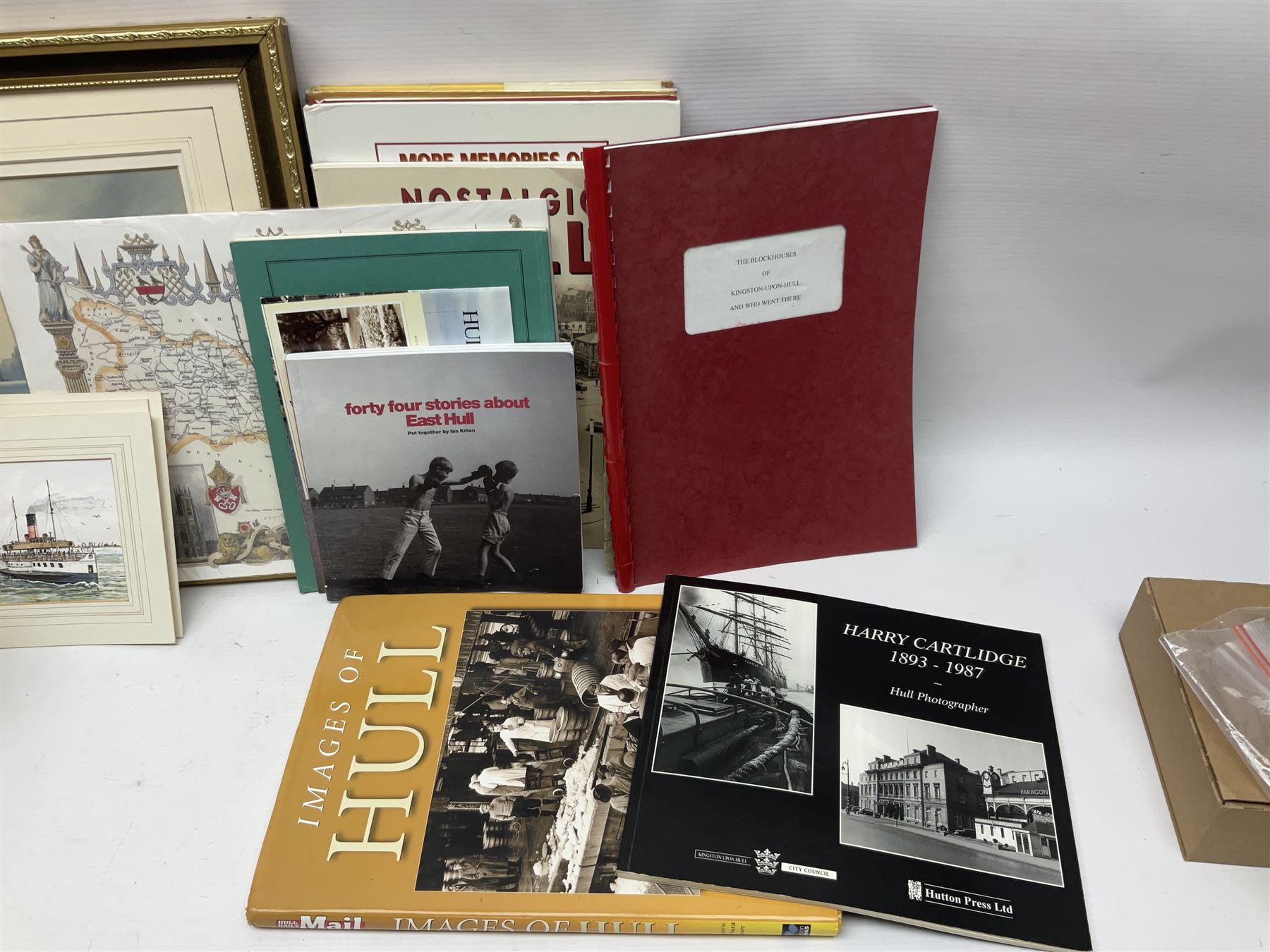 W. Marshall (20th century) - Town Dock Hull; watercolour; gilt frame; two Amy Johnson enamelled brooches as aircraft and Amy Johnson medallion; and quantity of books and booklets of Hull interest