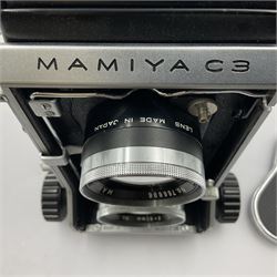Mamiyaflex C3 TLR camera body, serial no. 215034, with 'Mamiya Sekor 1:2.8 f80mm' lens serial no. 765932