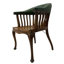 Early 20th century light oak desk chair, tub shaped upholstered back, saddle seat