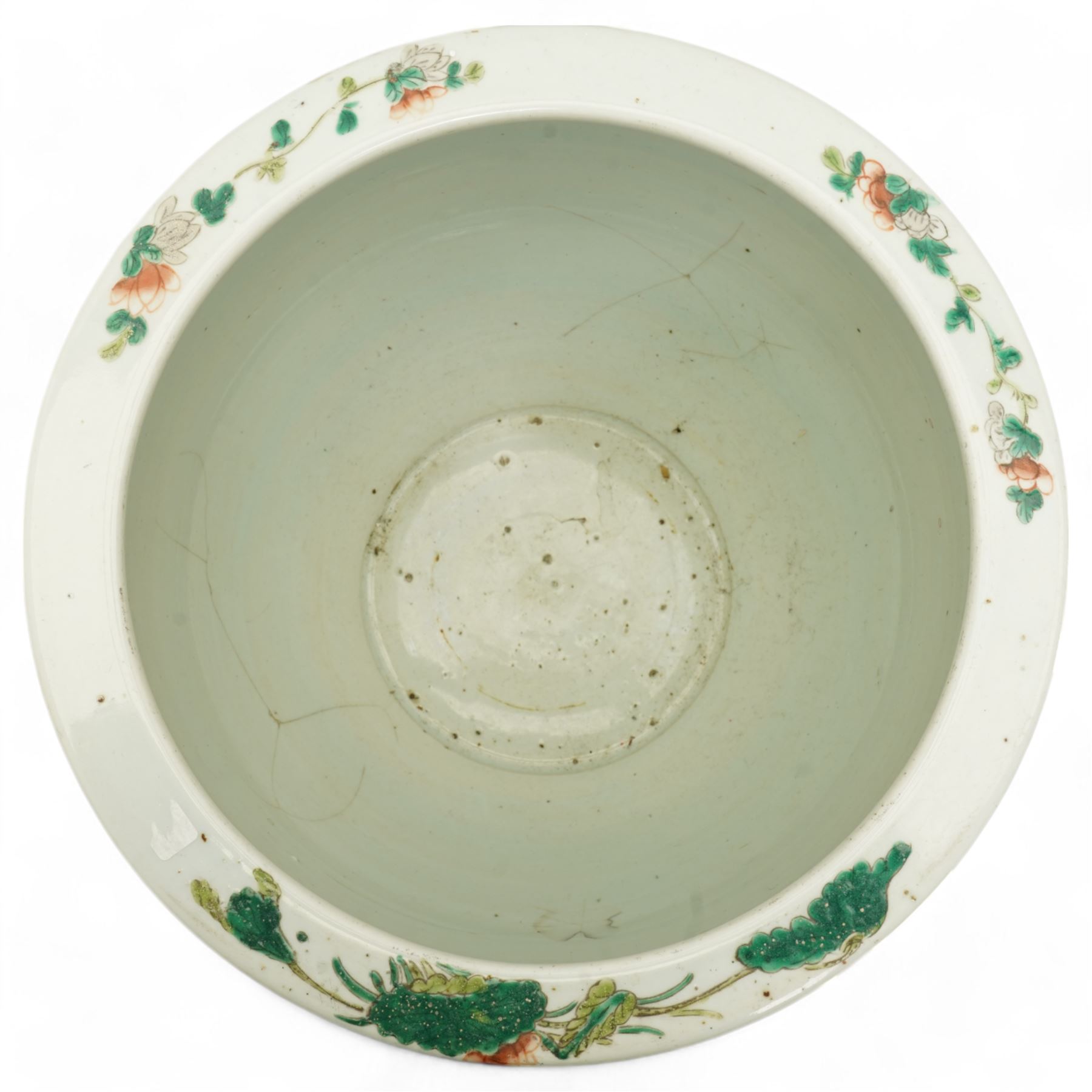 19th century Chinese famille jaune jardiniere decorated with trailing flowers and leaves on a yellow ground H34cm x 40cm