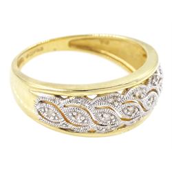 9ct gold diamond ring, milgrain set diamond chips, in a fancy openwork setting, hallmarked