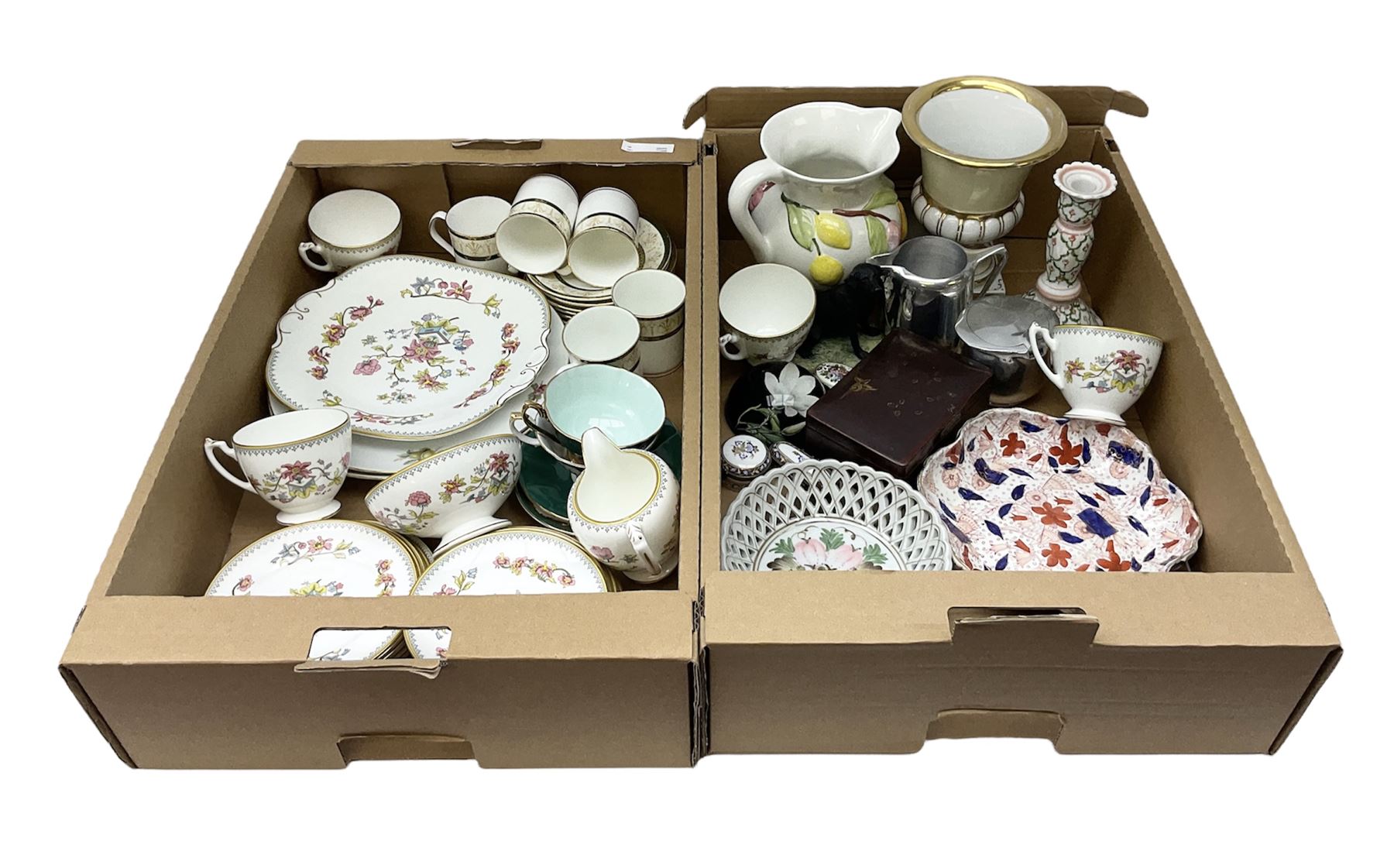 Coalport 'Persian Flower' part tea service for four, together with Elizabethan 'Cavendish' cups and saucers, Border Fine Arts dog figure, other teawares and ceramics, metalware etc in two boxes