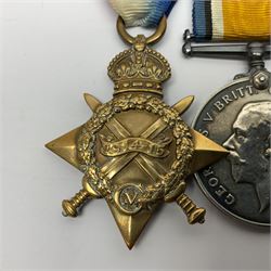 WWI trio of medals comprising British War Medal and Victory Medal awarded to 1815 Pte. W. Scott K.O.Y.L.I. and 1914-15 Star awarded to 200196 Pte. W. Scott Yorks. L.I.; with ribbons on wearing bar