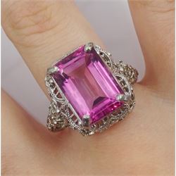 9ct white gold filigree set, emerald cut pink topaz dress ring, hallmarked