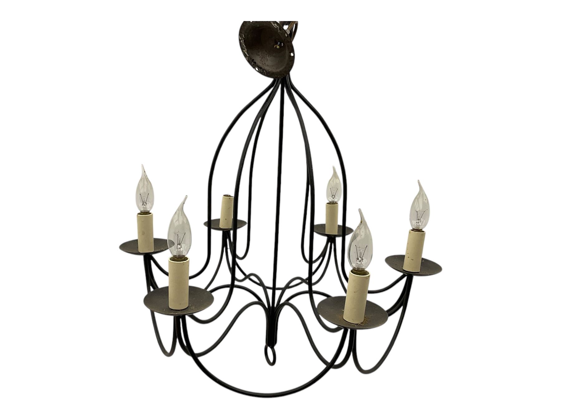 Contemporary black wrought iron six-light chandelier with drip trays and faux candle sleeves; polished chrome six-light chandelier with crystal droplets and cylindrical candleholders (2)