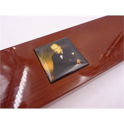 Modern silver 'Churchill Rule of Life' ruler, by Richard Jarvis of Pall Mall, engraved with the significant events and dates of Winston Churchill's life, from his birth in 1874 to his funeral in 1965, hallmarked Richard Jarvis, London 2007, L33.5cm, within wooden fitted case, with applied portrait to cover and silk and velvet lined interior