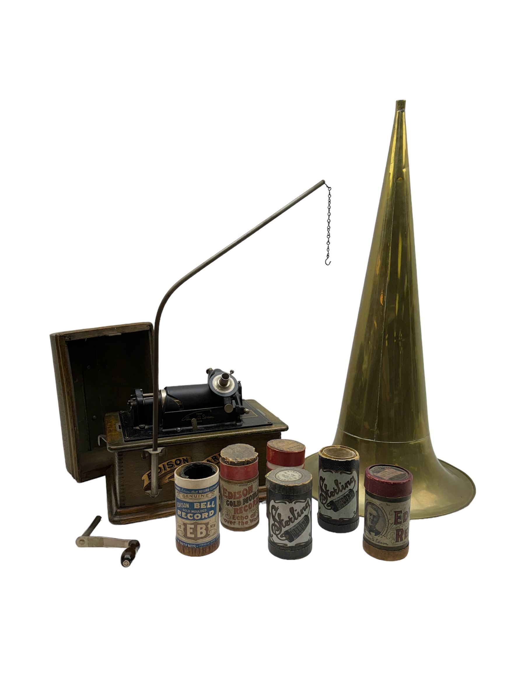 Early 20th century Edison Standard phonograph, with lift-off oak cover, Serial No S160855, brass horn, W25cm