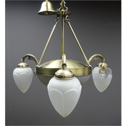  Two metal hanging ceiling lights with three branches, domed frosted glass centre and pointed light shades  