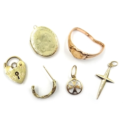 9ct gold pendants, locket and ring, hallmarked or stamped 375, approx 10.1gm   