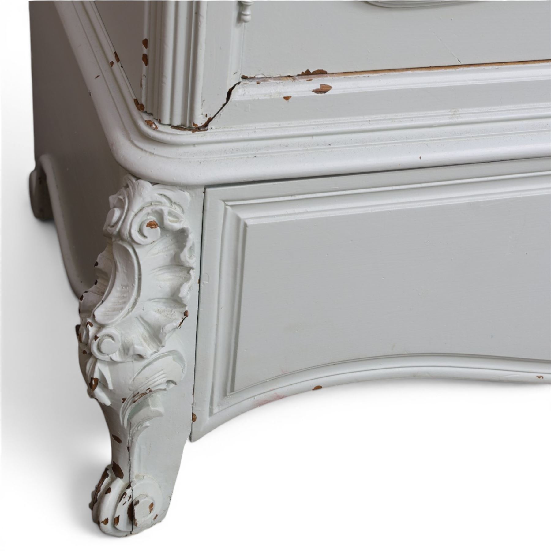 French Louis XV style pale blue painted armoire, with carved floral and foliate crest over a shaped moulded cornice, fitted with two bevelled mirror panel doors enclosing hanging space and drawer, above shaped apron, raised on carved cabriole supports