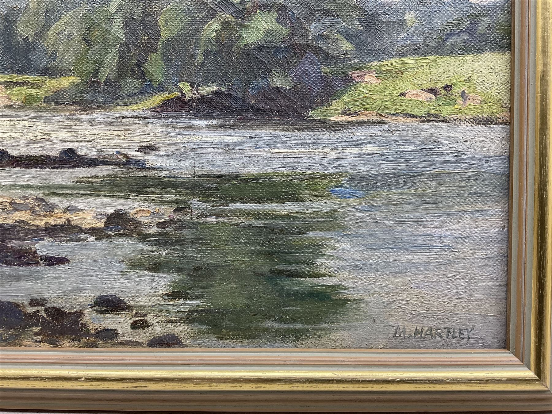 Marie Hartley (Yorkshire 1905-2006): 'The Wharfe near Harewood', oil on canvas signed, titled on printed label verso 25cm x 35cm 