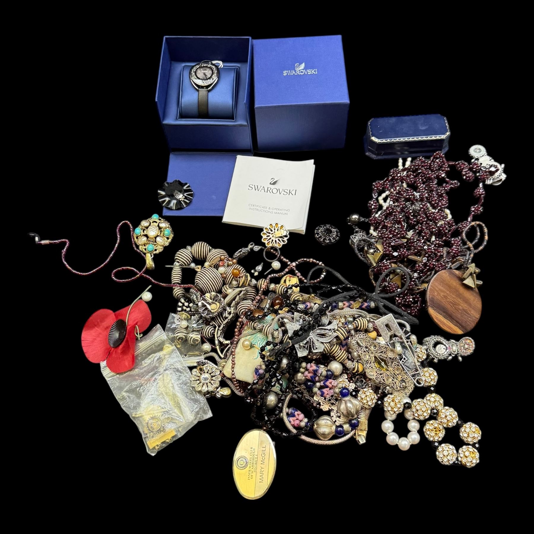 Swarovski wristwatch, boxed, beaded necklaces, earrings, etc 