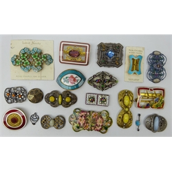  Early 20th century continental enamel and gilt metal belt buckles, some guilloche examples, sterling silver openwork pendant with enamel bird, silver bar brooch with enamelled mount by J Aitkin & Son and other belt buckles   