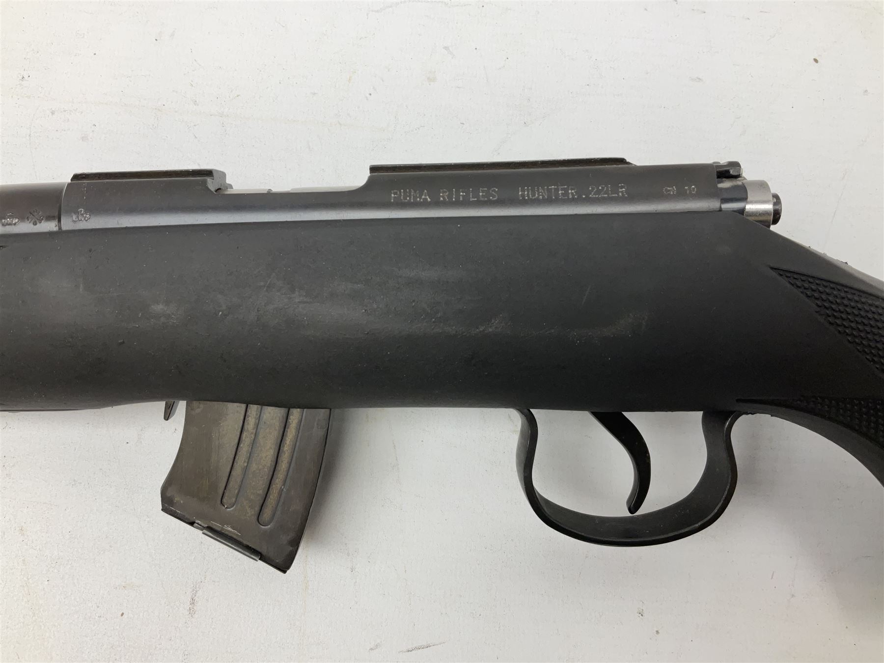 Puma Rifles Hunter bolt-action .22 Long Rifle the 36cm shortened barrel threaded for sound moderator, plastic synthetic stock, serial no.1050840 L83.5cm FIREARMS CERTIFICATE REQUIRED OR RFD