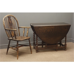  Victorian oak barley twist drop leaf table, with gate leg action, (W107cm, H73cm, L142cm) and a wheel back armchair  