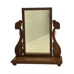 William IV mahogany dressing table mirror, scrolled uprights supporting rectangular swing mirror, rectangular base with applied lobed moulding, on compressed bun feet 