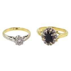 Gold sapphire and diamond cluster ring and a gold single stone diamond ring, both 18ct