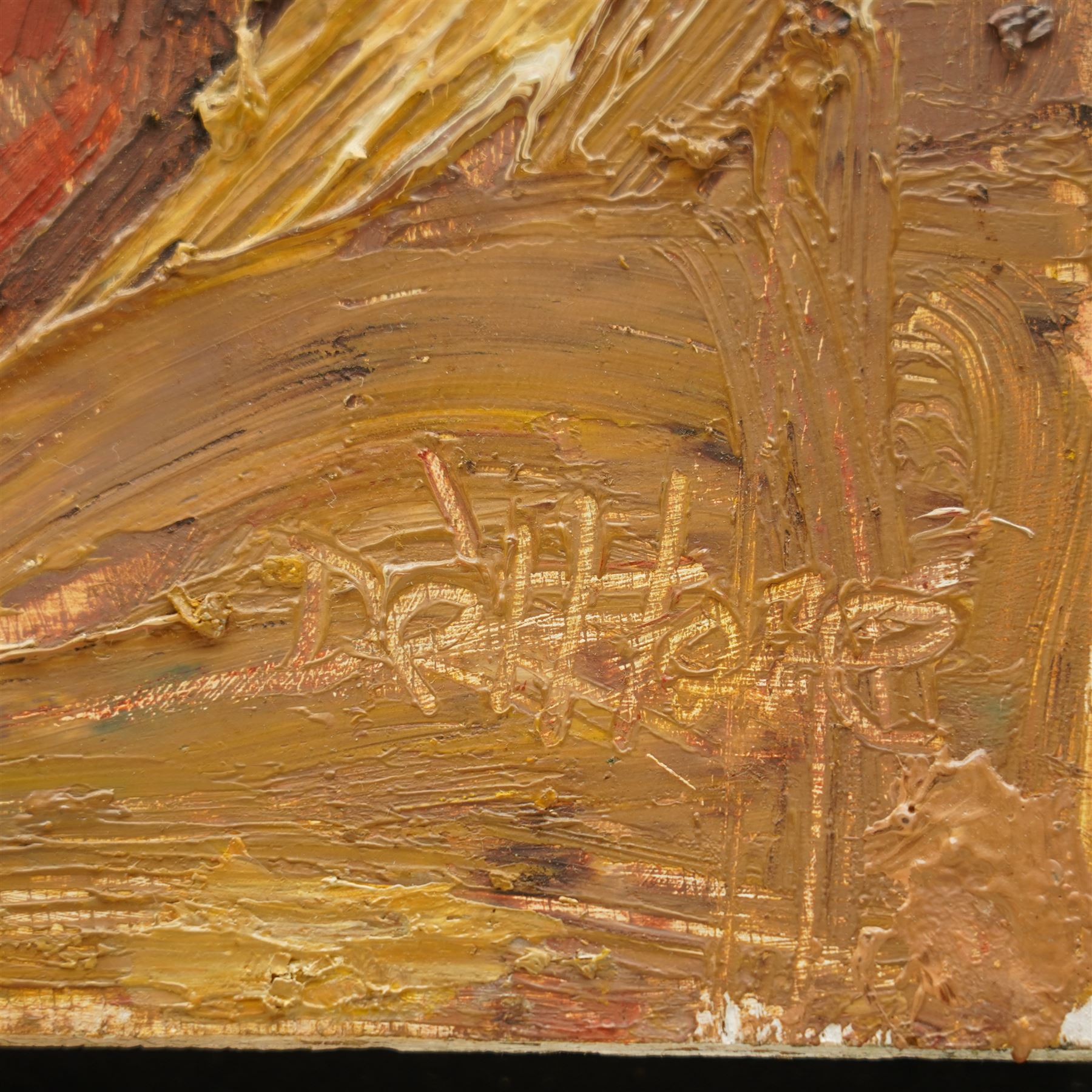 Barry De More (Yorkshire 1948-2023): 'Self Portrait with Glasses', oil and impasto on board signed and titled, inscribed and dated 2010 verso 35cm x 27cm
Notes: Acclaimed as one of the North's greatest expressionist artists, Barry De More (1948-2023) used a heavy impasto style to transfer his love of Yorkshire landscapes, townscapes and people to canvas. His work sits comfortably in the company of work by Kossoff and Auerbach, selling to collectors in the UK and overseas. De More's work can be found in the permanent collection of work by Northern Artists at Dean Clough, one of the UK's largest contemporary art galleries.
