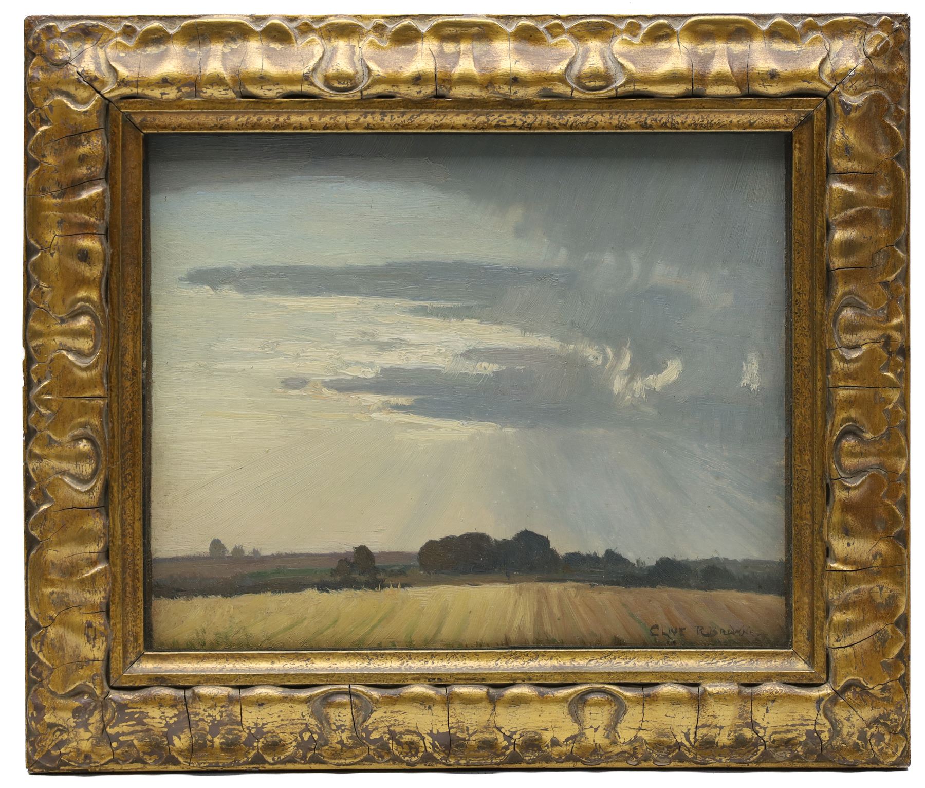 Clive Richard Browne (British 1901-1991): Open Fields Landscape, oil on board signed 21cm x 26cm; Joan Newton (British 19th/20th century): 'The Two Churches - Alvingham' Lincolnshire, oil on canvas signed, titled on label verso 30.5cm x 40.5cm (2) (one unframed)