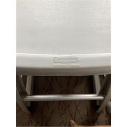 Set of three plastic and a pair of wooden baby high chairs with additional saddle stools (9)- LOT SUBJECT TO VAT ON THE HAMMER PRICE - To be collected by appointment from The Ambassador Hotel, 36-38 Esplanade, Scarborough YO11 2AY. ALL GOODS MUST BE REMOVED BY WEDNESDAY 15TH JUNE.