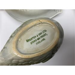 Shorter & Son six fish plates, together with a larger platter and sauce boat and saucer, all with stamped marks beneath