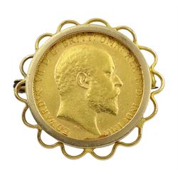 King Edward VII 1909 gold full sovereign, loose mounted in 9ct gold brooch hallmarked