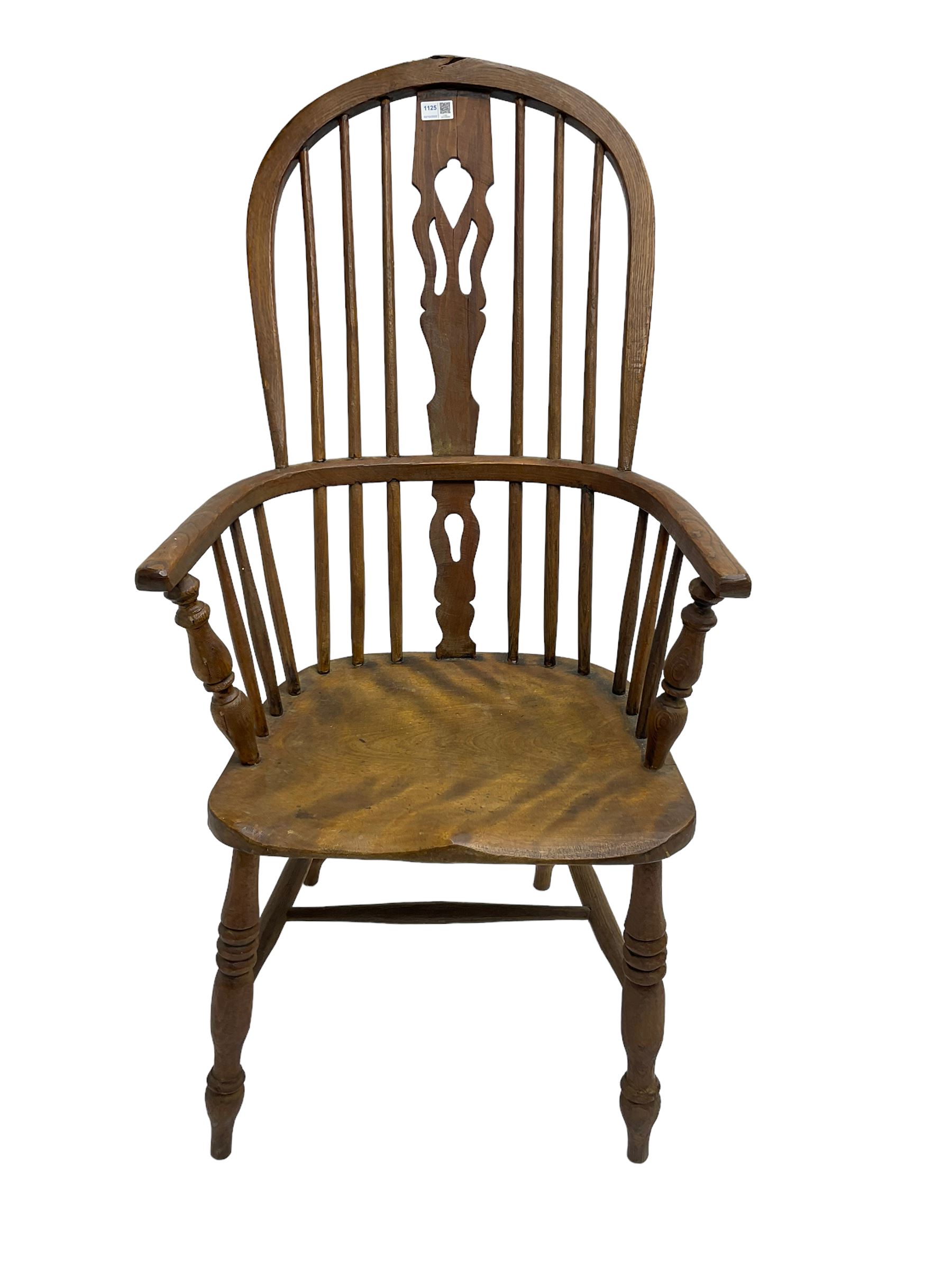 19th century elm and beech Windsor armchair, stick back with pierced splat, on turned supports with H-shaped stretchers